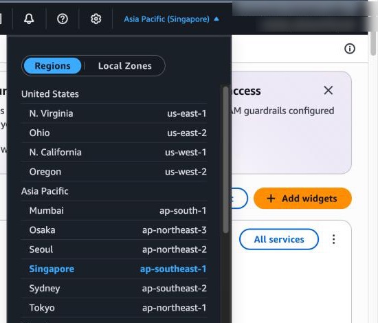 The AWS console region menu with Asia Pacific Singapore ap-southeast-1 selected